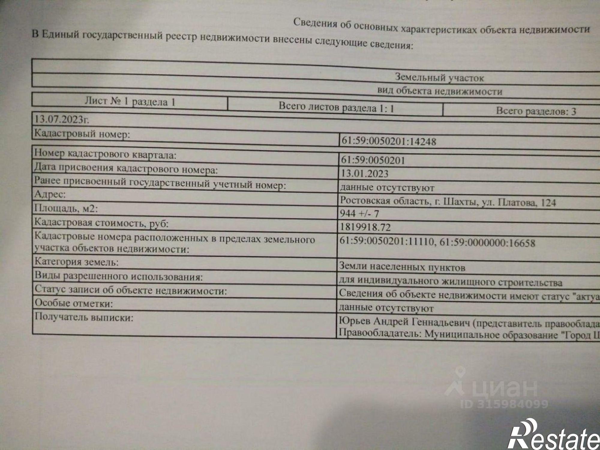 Купить землю, земельный участок за 1 700 000 рублей на ул Платова, 124